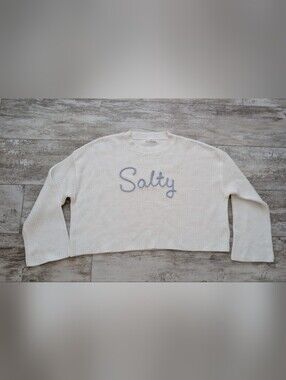 moon & madison Cream Crewneck Sweater with Light Blue 'Salty' Script Nwot